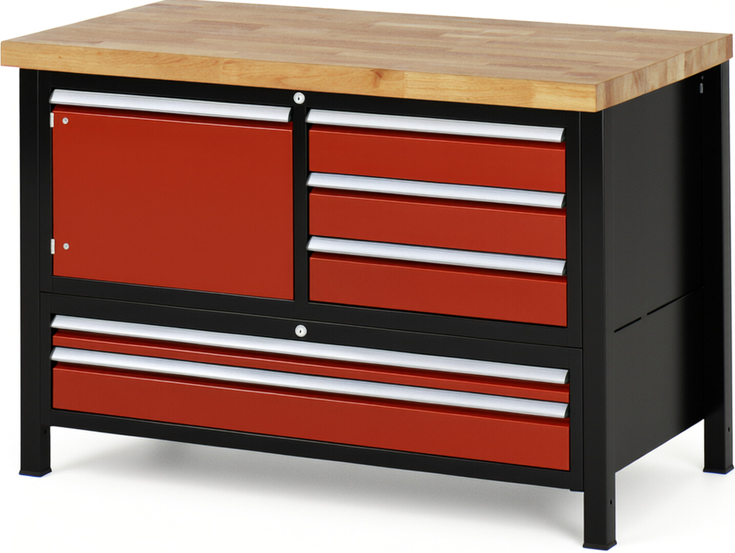 RAU Werkbank schwarz - rot - Breite 125 cm - Tiefe 70 cm - Höhe 104 cm - Buche-Massiv Arbeitsplatte 40 mm