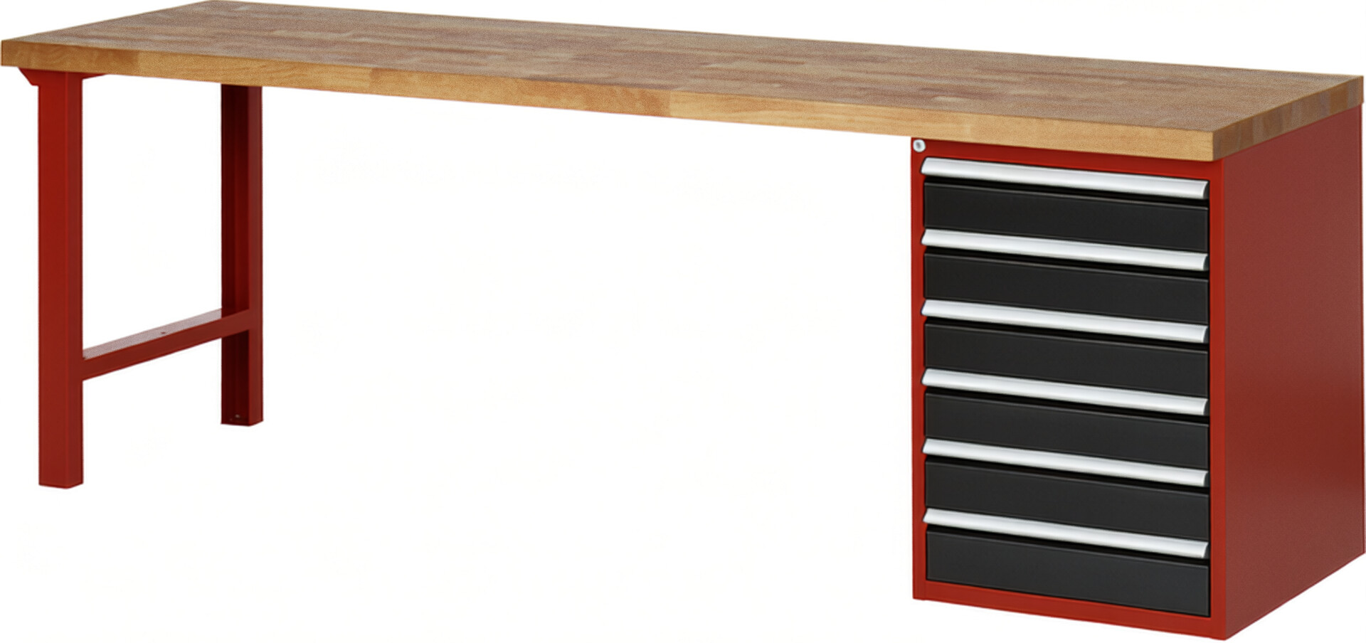 Werkbank Modell 7516 rot - schwarz, BxTxH 2500x700x840 mm,  Buche-Massiv Arbeitsplatte 40 mm,  6 Schubladen mit  Auszug 90 %