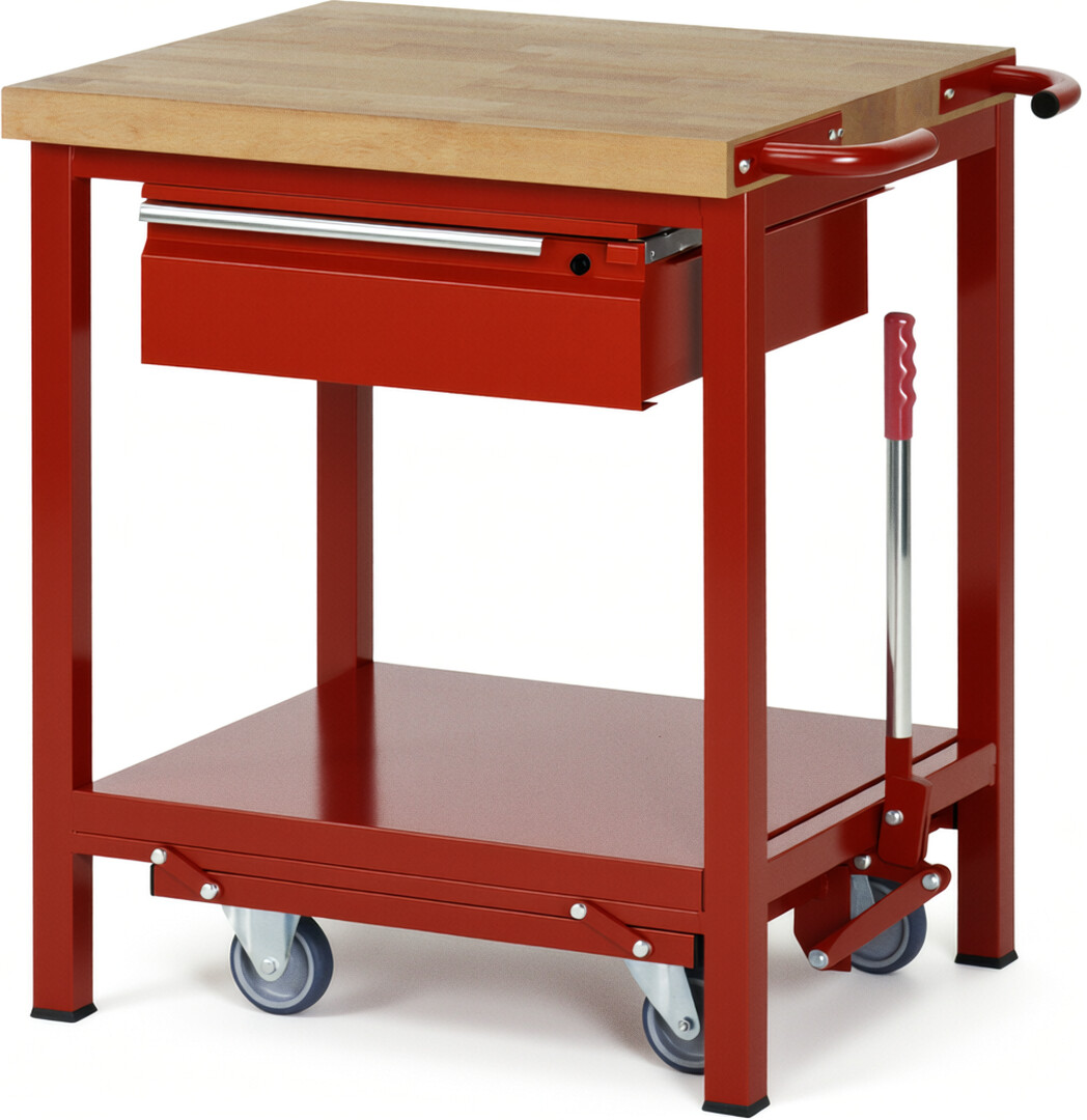 Absenkbare Werkbank - Modell 8001 BASIC rot, BxTxH 750x700x880 mm,  Buche-Massiv Arbeitsplatte 40 mm,  1 Schublade mit  Auszug 90 %
