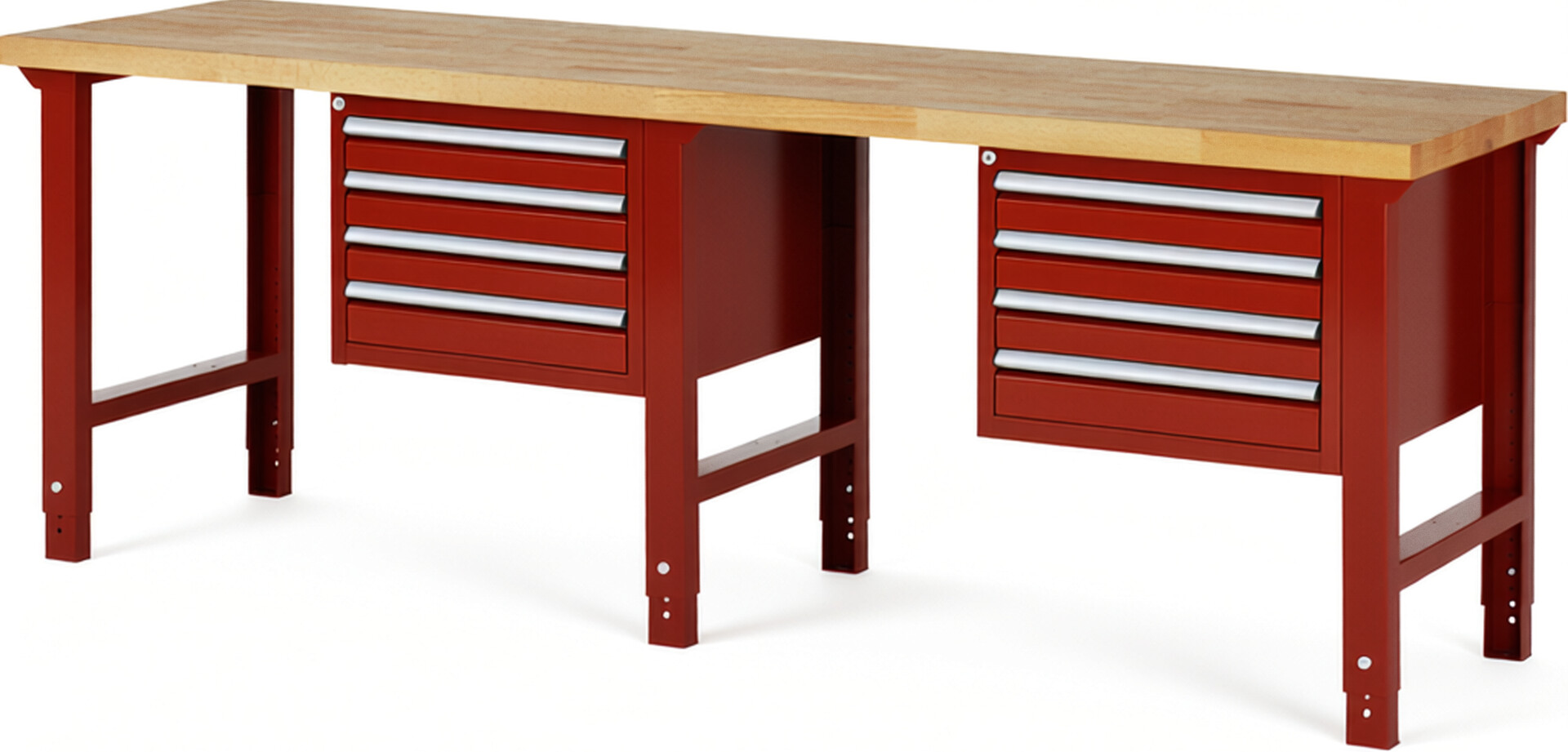 Werkbank Modell 7133 rot, BxTxH 2500x700x790-1140 mm,  Buche-Massiv Arbeitsplatte 40 mm,  8 Schubladen mit  Vollauszug 100 % und  SoftClosing