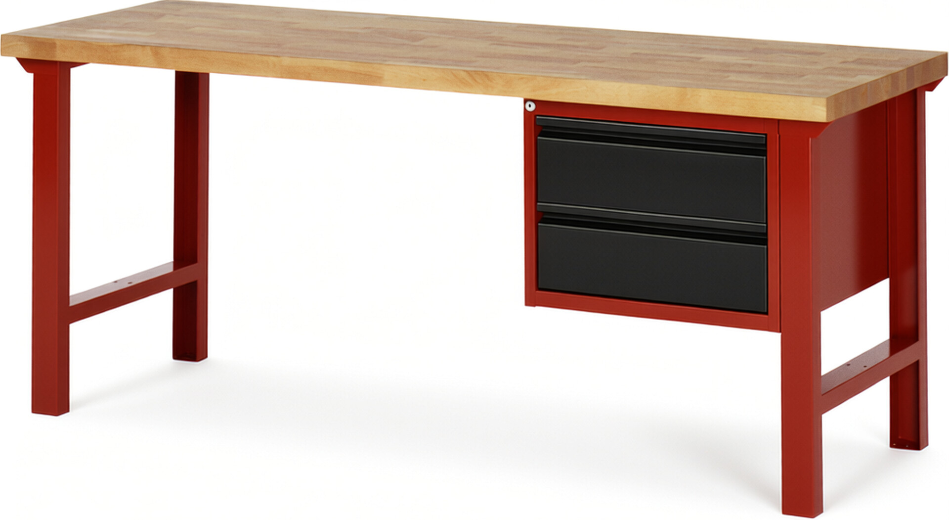 Werkbank rot - schwarz, Breite 200 cm, Tiefe 70 cm, Höhe 84 cm, 2 Schublade(n), Platte: Buche-Massiv-Arbeitsplatte