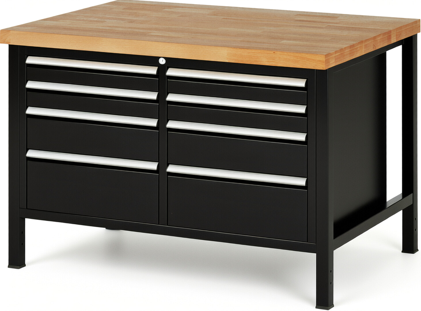 Werkbank Modell 8478 schwarz, BxTxH 1250x900x840-1040 mm,  Buche-Massiv Arbeitsplatte 40 mm,  8 Schubladen mit  Vollauszug 100 % und  SoftClosing