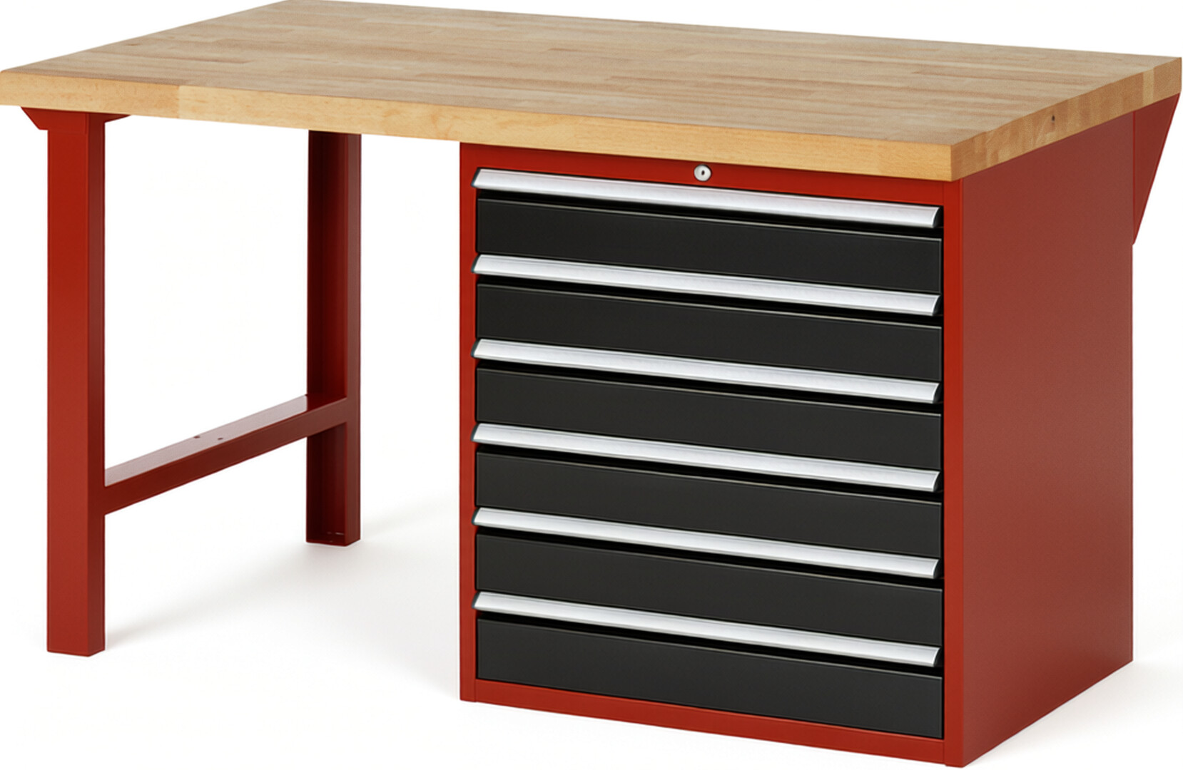 RAU Werkbank rot - schwarz - Breite 150 cm - Tiefe 90 cm - Höhe 84 cm - Buche-Massiv Arbeitsplatte 40 mm