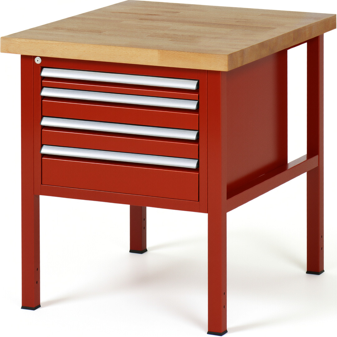 Werkbank Modell 8132 rot, BxTxH 750x900x840-1040 mm,  Buche-Massiv Arbeitsplatte 40 mm,  4 Schubladen mit  Auszug 90 %