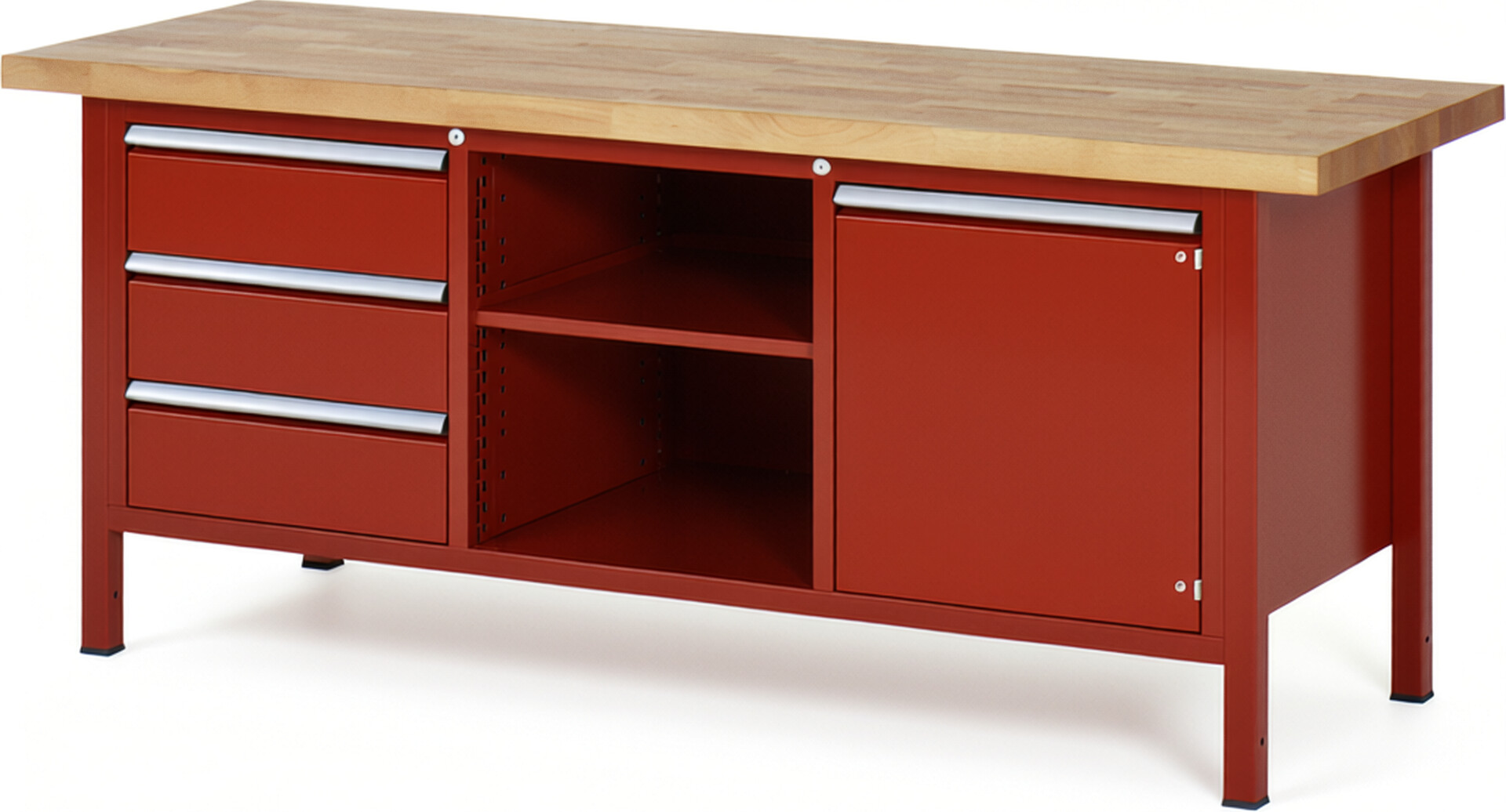 Werkbank Modell 8563 rot, BxTxH 2000x700x840-1040 mm,  Buche-Massiv Arbeitsplatte 40 mm,  3 Schubladen mit  Auszug 90 %