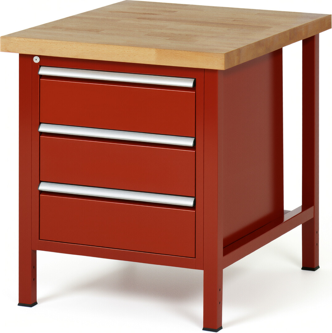 Werkbank Modell 8157 rot, BxTxH 750x900x840-1040 mm,  Buche-Massiv Arbeitsplatte 40 mm,  3 Schubladen mit  Vollauszug 100 % und  SoftClosing
