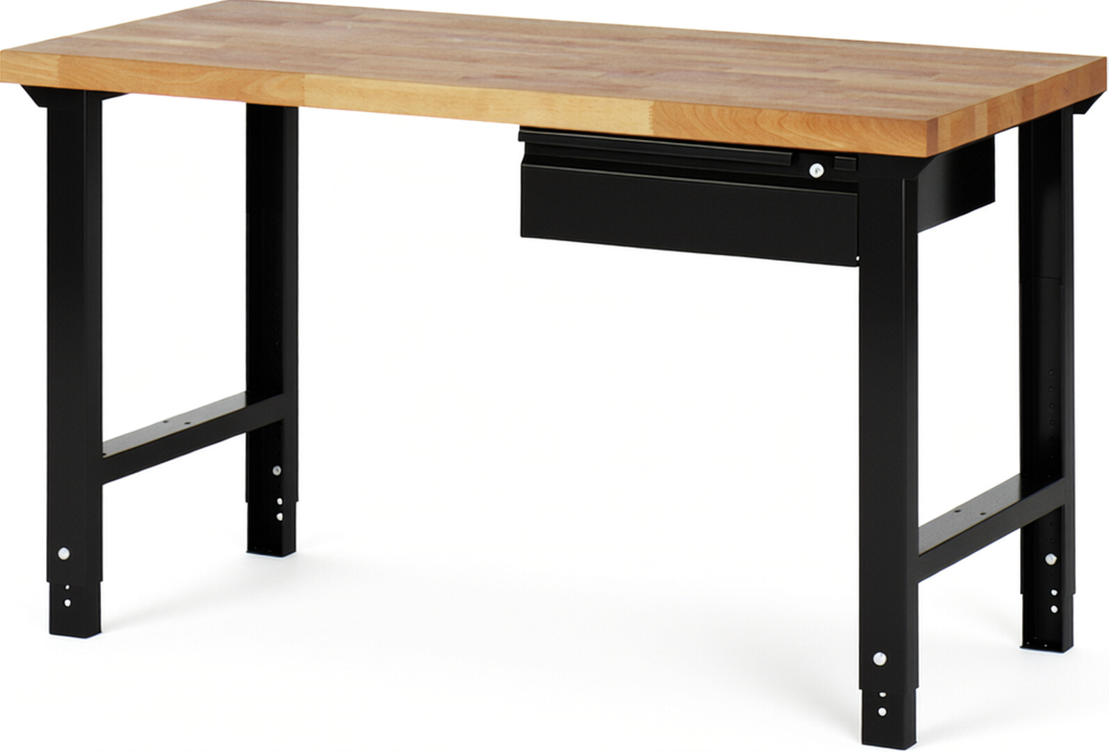 Werkbank schwarz, BxTxH 1500x700x790-1140 mm, Platte Buche 40 mm 40 mm,  1 Hängeschublade 150 mm, RAL 9011/9011