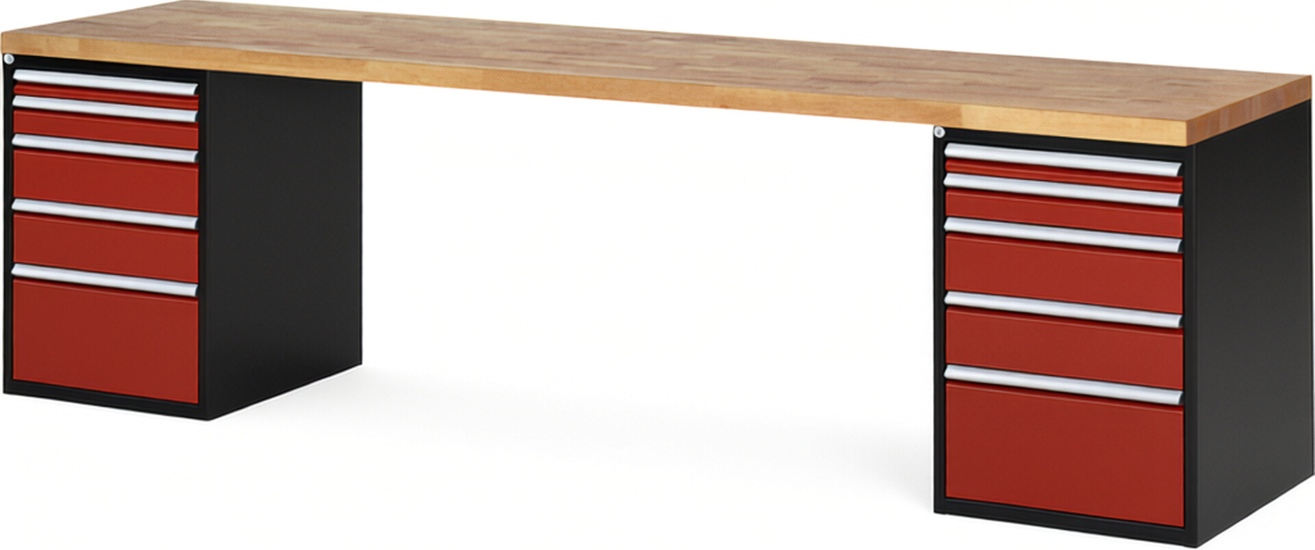 RAU Werkbank schwarz - rot - Breite 300 cm - Tiefe 70 cm - Höhe 89 cm - Buche-Massiv Arbeitsplatte 40 mm