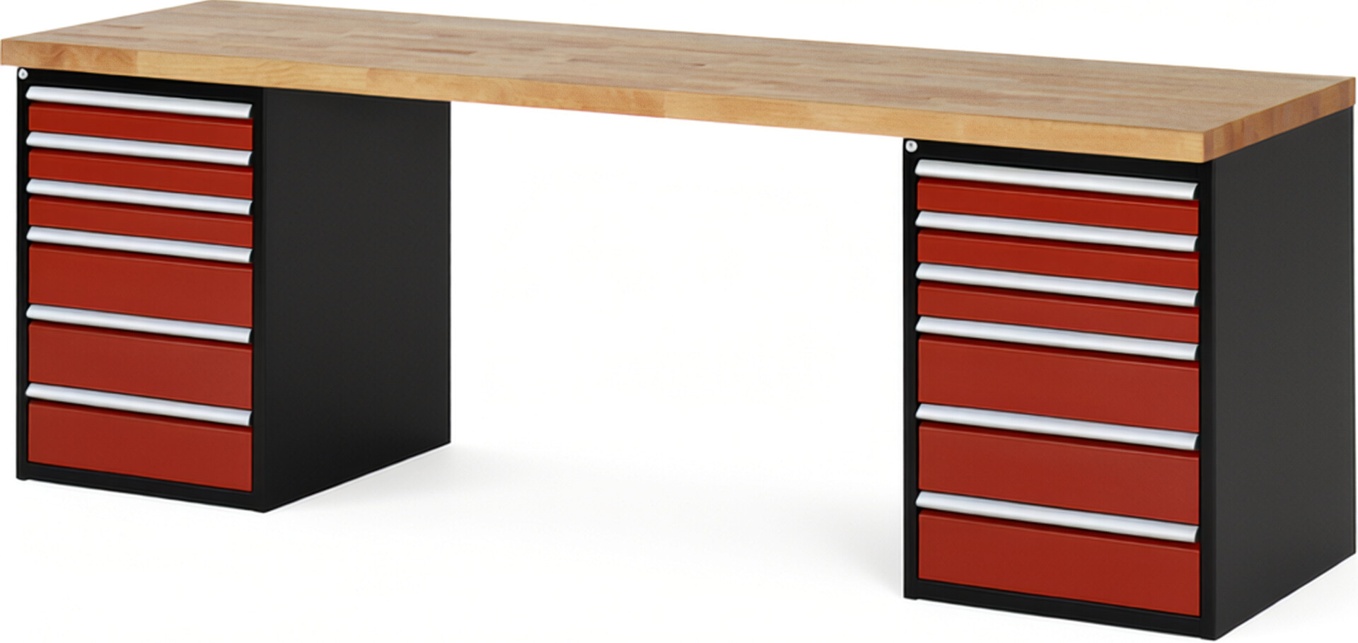 RAU Werkbank schwarz - rot - Breite 250 cm - Tiefe 70 cm - Höhe 84 cm - Buche-Massiv Arbeitsplatte 40 mm