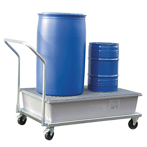 Fahrbare Auffangwanne aus GFK, Verz. Gitterrost, Fahrgestell mit Rammschutz, 2 Lenk- und 2 Bockrollen, Auffangvolumen 210 l, BxTxH 860x1090x1080 mm