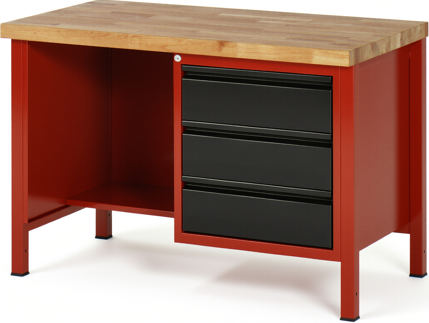Werkbank rot - schwarz, BxTxH 1250x700x840-1040 mm, Platte Buche 40 mm, 3 Schubladen 180 mm, 1 Fachboden, RAL 3000/9011