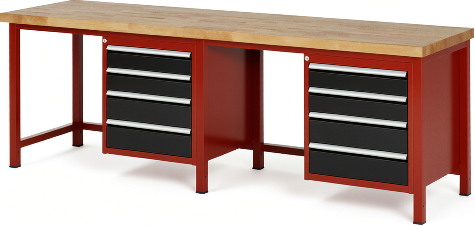 Werkbank Modell 8162 rot - schwarz, BxTxH 2500x700x840-1040 mm,  Buche-Massiv Arbeitsplatte 40 mm,  8 Schubladen mit  Auszug 90 %