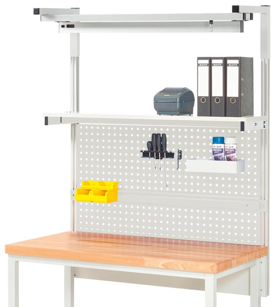 Aufbau für Werkbank B 1250 mm mit Auslegerpaar, 2 x Laufschiene, Laufwagen, LED-Leuchte, Lochplatte H 450mm, Halteschiene, RAL 7035