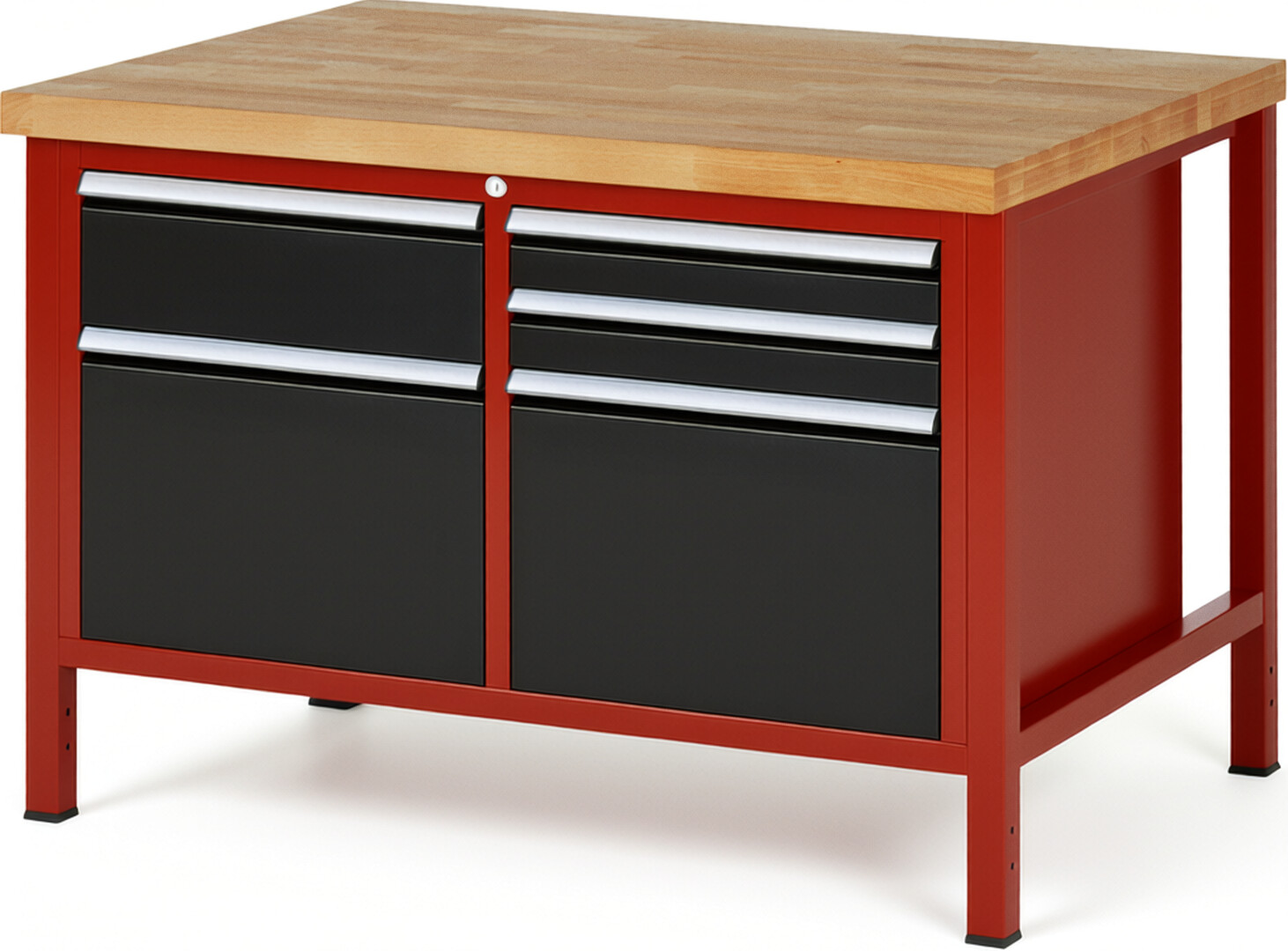 RAU Werkbank rot - schwarz - Breite 125 cm - Tiefe 90 cm - Höhe 84 cm - Buche-Massiv Arbeitsplatte 40 mm