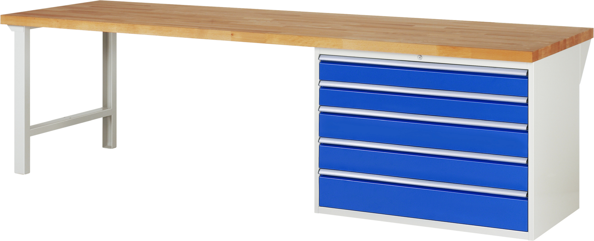 Werkbank Modell 7713 rot - schwarz, BxTxH 3000x900x890 mm,  Buche-Massiv Arbeitsplatte 40 mm,  5 Schubladen mit  Auszug 90 %