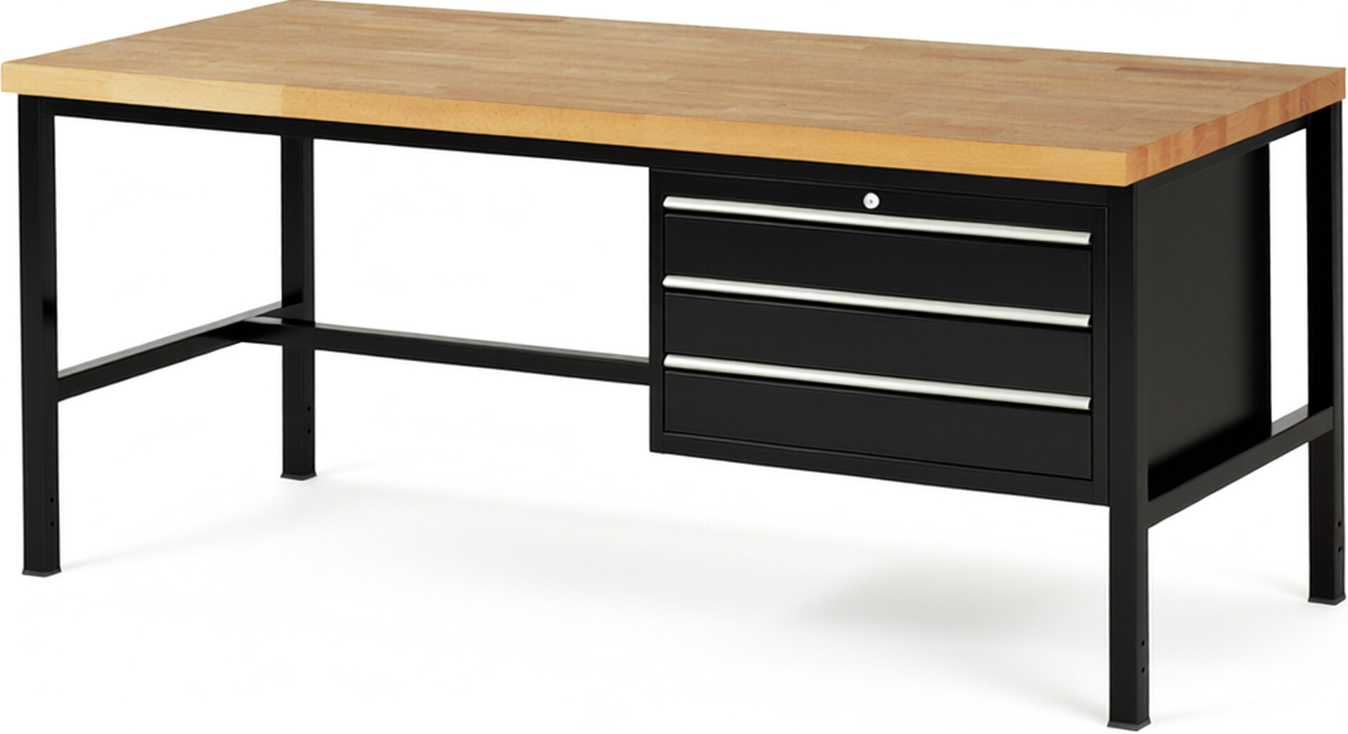 Werkbank Modell 8227 schwarz, BxTxH 2000x900x840-1040 mm,  Buche-Massiv Arbeitsplatte 40 mm,  3 Schubladen mit  Auszug 90 %