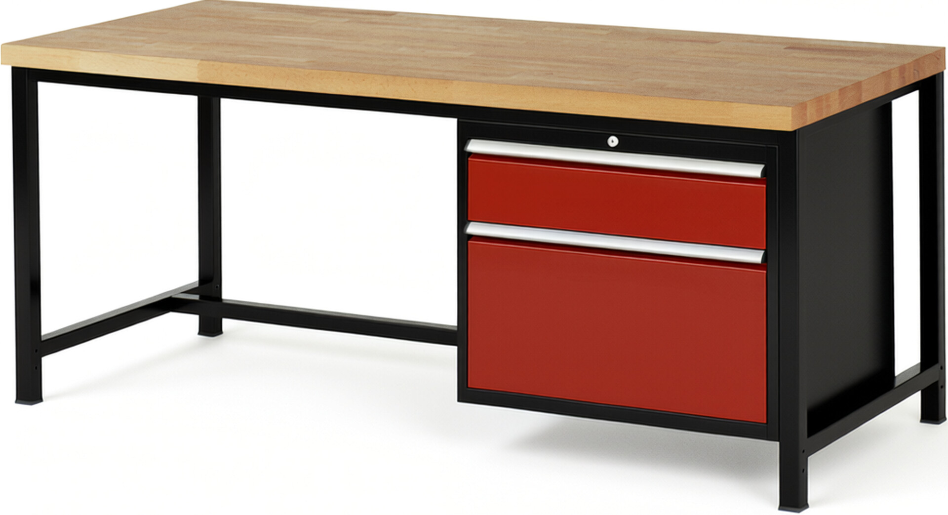 RAU Werkbank schwarz - rot - Breite 200 cm - Tiefe 90 cm - Höhe 104 cm - Buche-Massiv Arbeitsplatte 40 mm