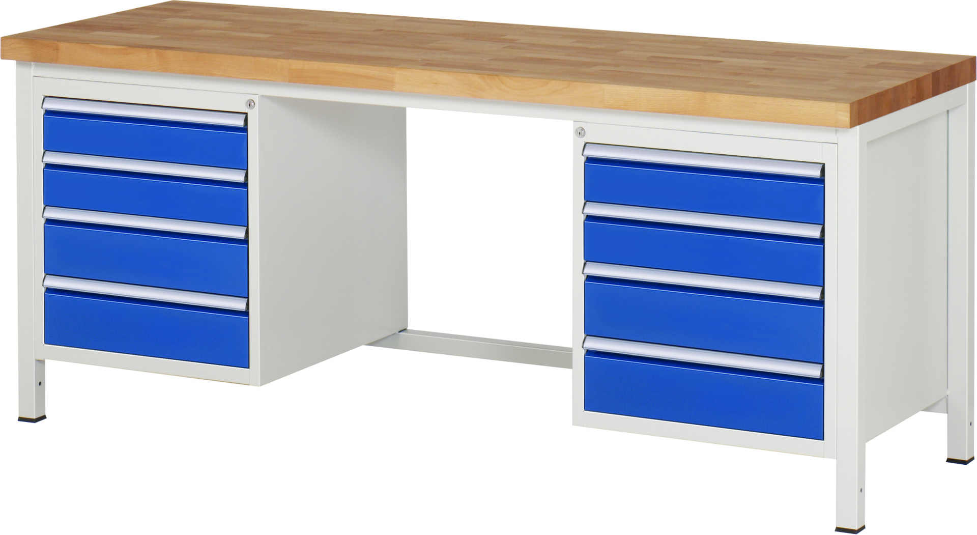 Werkbank Modell 8181 schwarz, BxTxH 2000x700x840-1040 mm,  Buche-Massiv Arbeitsplatte 40 mm,  8 Schubladen mit  Auszug 90 %