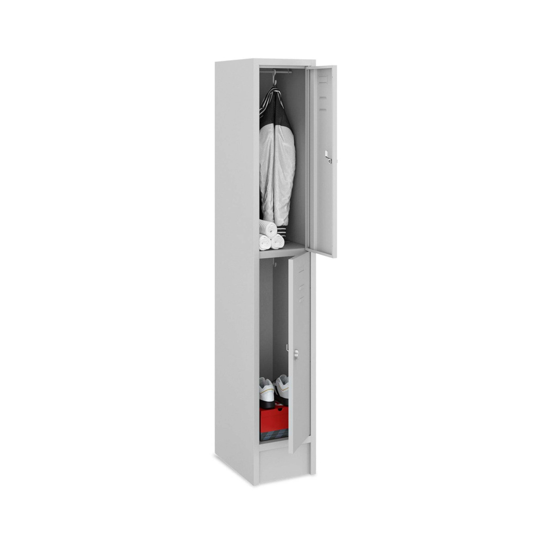 Doppelstock-Spind, 1 Abteil, 2 Fächer, Abteilbreite 30 cm, Höhe 180 cm, Breite 30 cm,  RAL 7035 Lichtgrau, mit Sockel, Drehriegelschloss