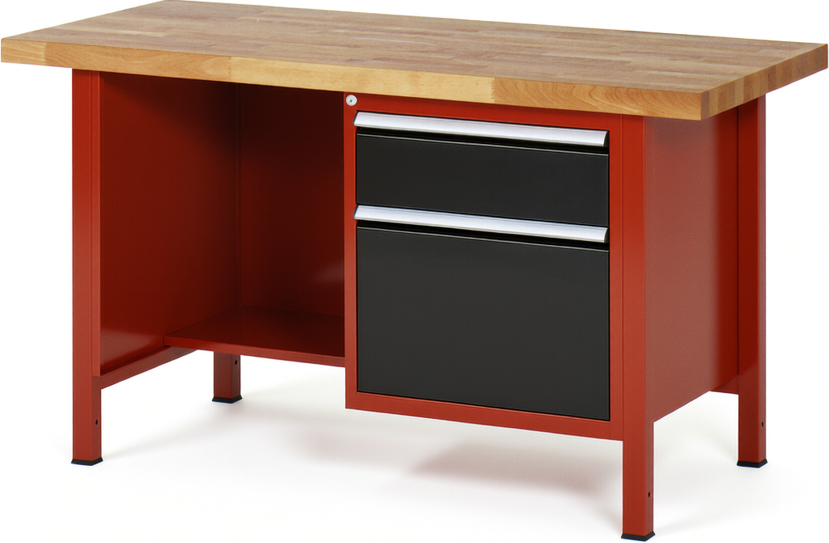 Werkbank Modell 8451 rot - schwarz, BxTxH 1500x700x840 mm,  Buche-Massiv Arbeitsplatte 40 mm,  2 Schubladen mit  Auszug 90 %