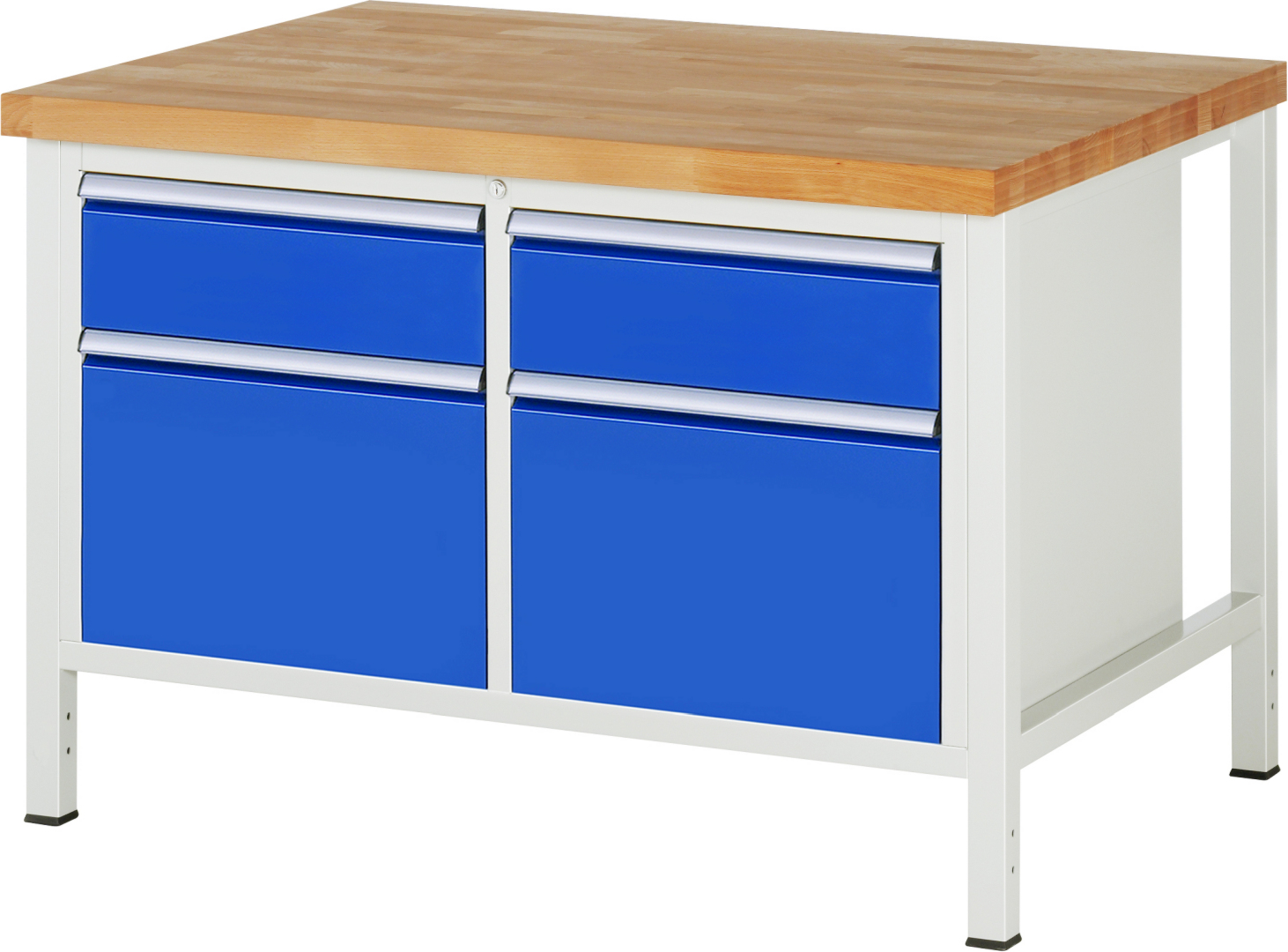 Werkbank Modell 8471 schwarz, BxTxH 1250x900x840-1040 mm,  Buche-Massiv Arbeitsplatte 40 mm,  4 Schubladen mit  Vollauszug 100 % und  SoftClosing