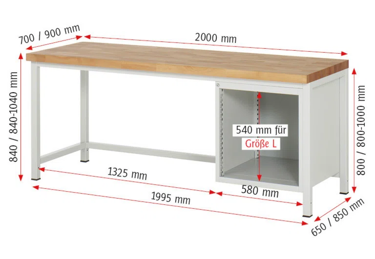Werkbank Modell 8152 rot - schwarz, BxTxH 2000x700x840-1040 mm,  Buche-Massiv Arbeitsplatte 40 mm,  1 Schublade mit  Auszug 90 %