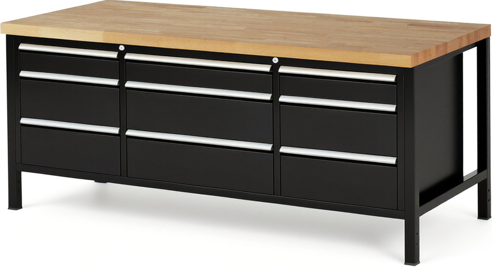 Werkbank Modell 8753 schwarz, BxTxH 2000x900x840 mm,  Buche-Massiv Arbeitsplatte 40 mm,  9 Schubladen mit  Auszug 90 %