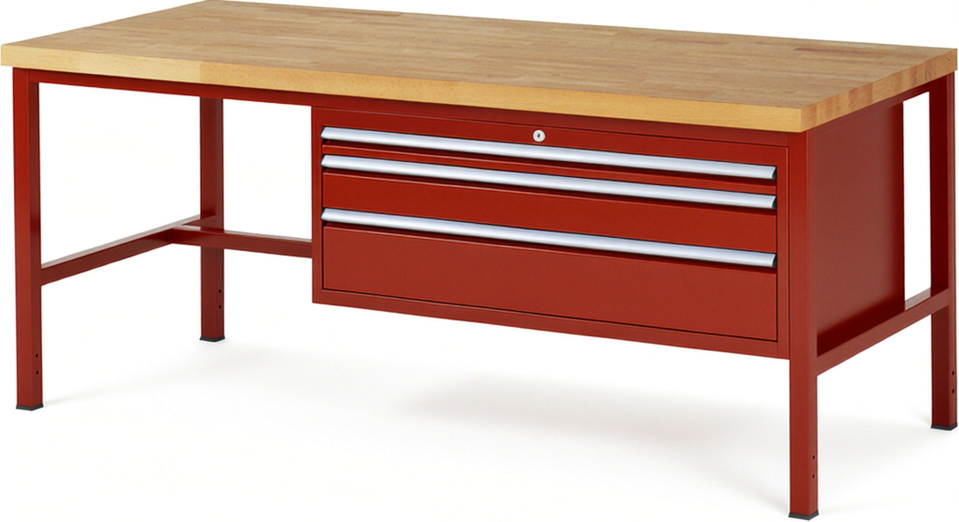Werkbank Modell 8326 rot, BxTxH 2000x900x840 mm,  Buche-Massiv Arbeitsplatte 40 mm,  3 Schubladen mit  Auszug 90 %