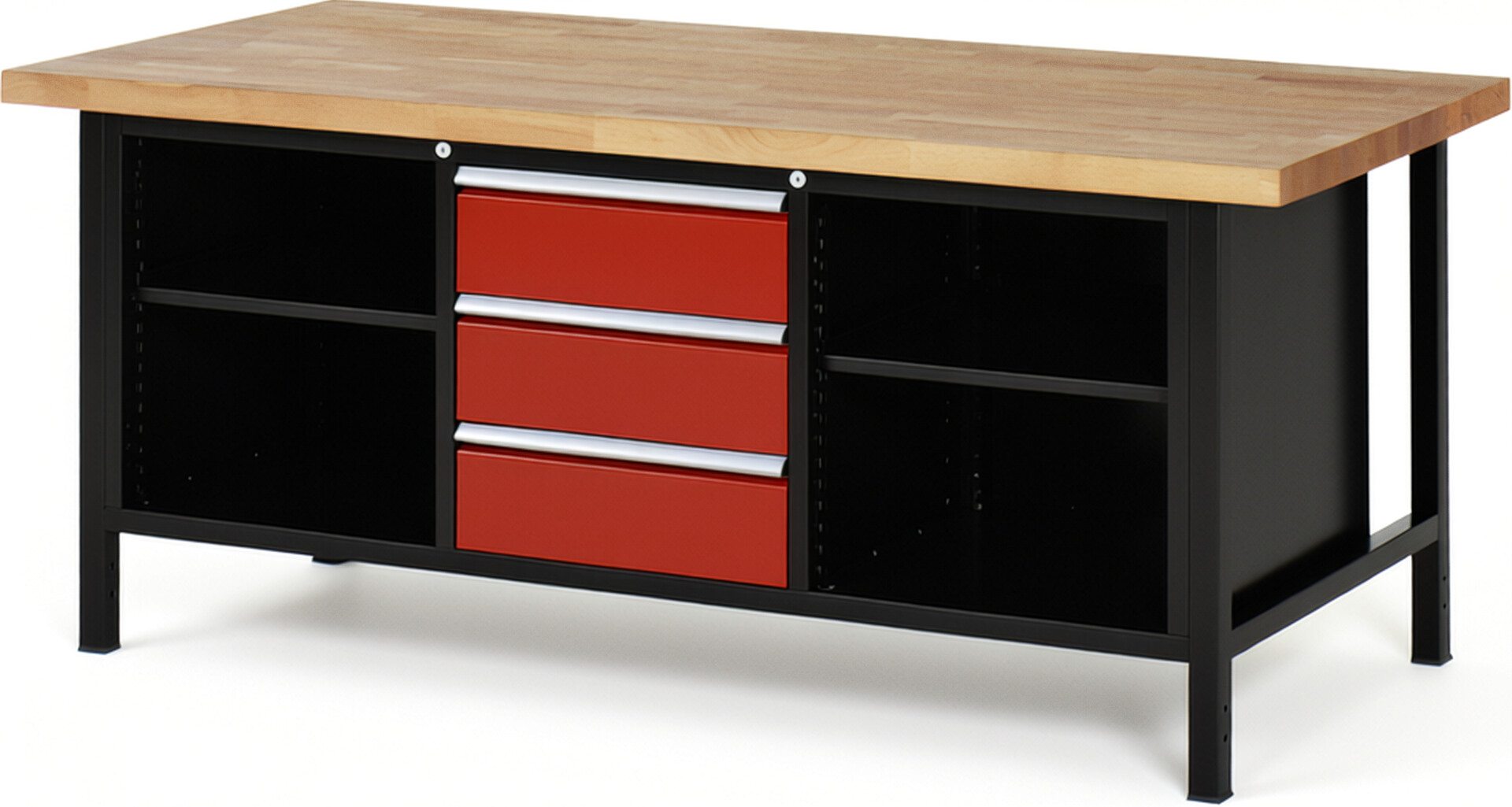 RAU Werkbank schwarz - rot - Breite 200 cm - Tiefe 90 cm - Höhe 104 cm - Buche-Massiv Arbeitsplatte 40 mm