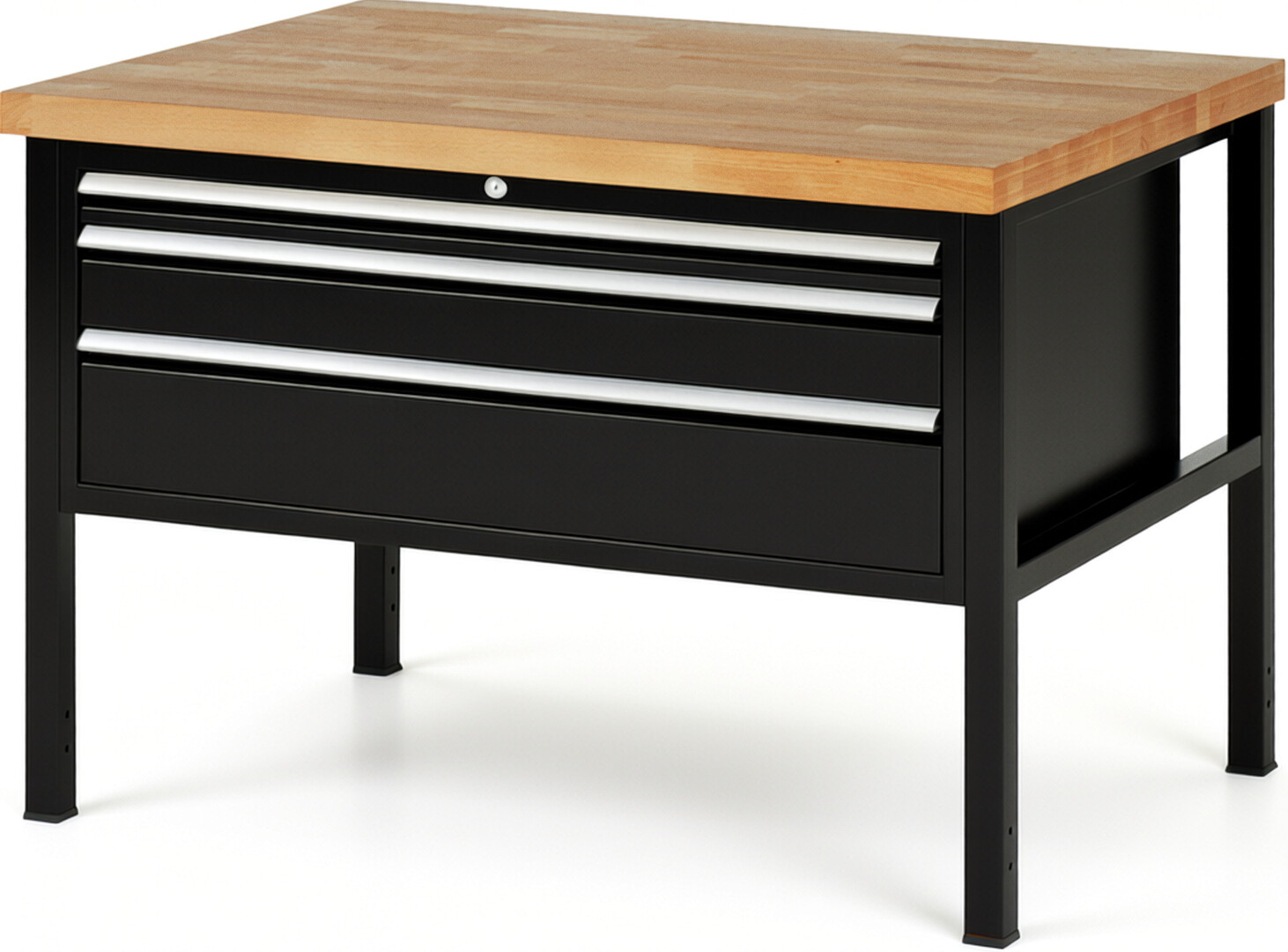 Werkbank Modell 8326 schwarz, BxTxH 1250x900x840 mm,  Buche-Massiv Arbeitsplatte 40 mm,  3 Schubladen mit  Vollauszug 100 % und  SoftClosing