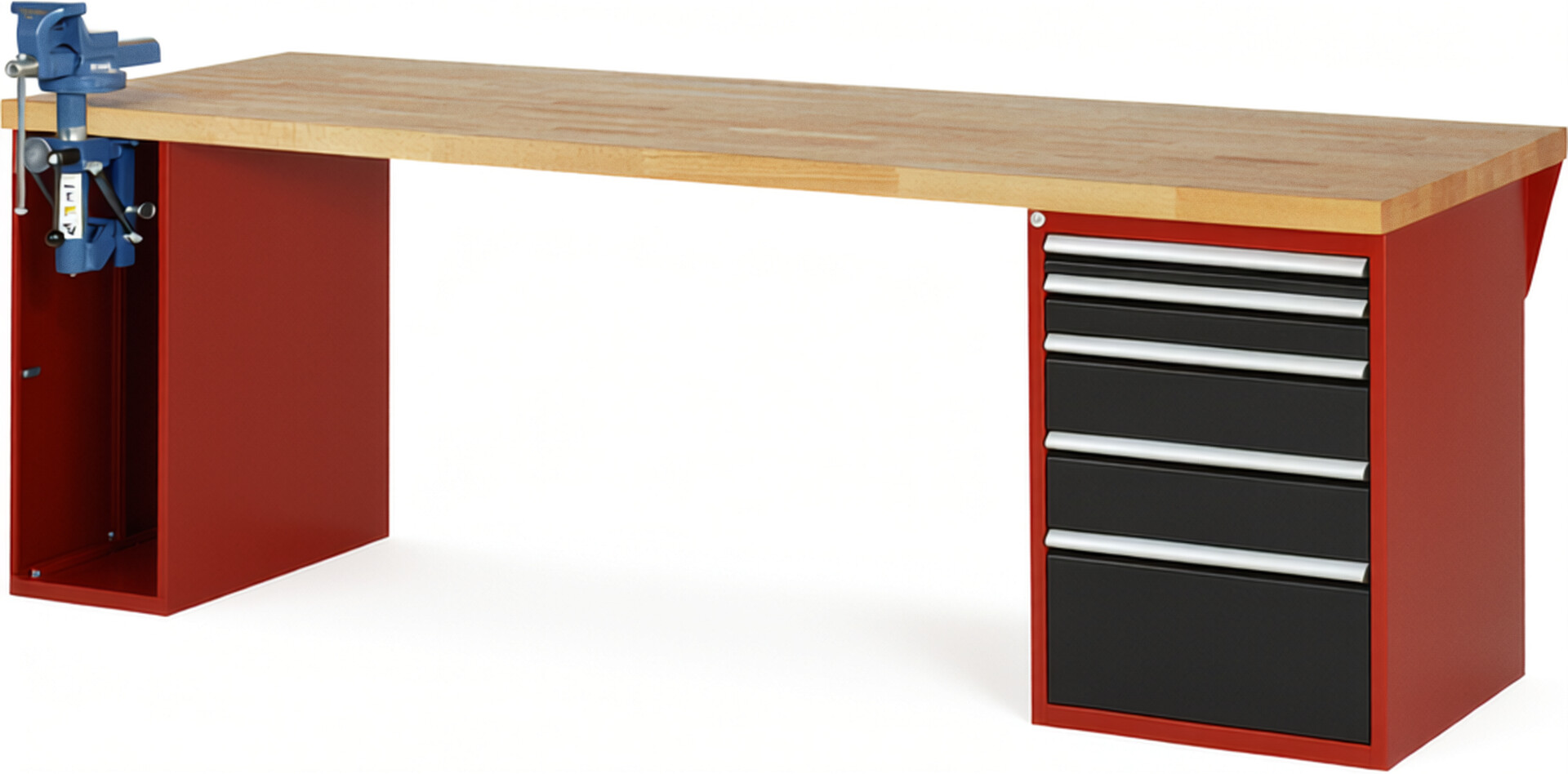 Werkbank Modell 7511 rot - schwarz, BxTxH 2500x900x890 mm,  Buche-Massiv Arbeitsplatte 40 mm,  5 Schubladen mit  Vollauszug 100 % und  SoftClosing
