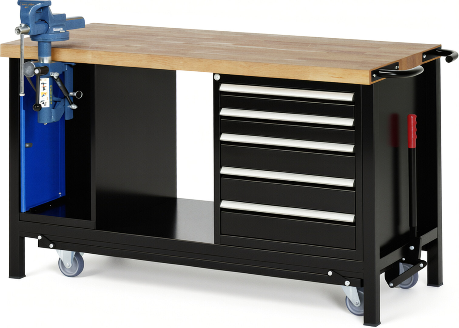 Absenkbare Werkbank Modell 8187 schwarz, BxTxH 1500x700x880 mm,  Buche-Massiv Arbeitsplatte 40 mm,  5 Schubladen mit  Vollauszug 100 % und  SoftClosing