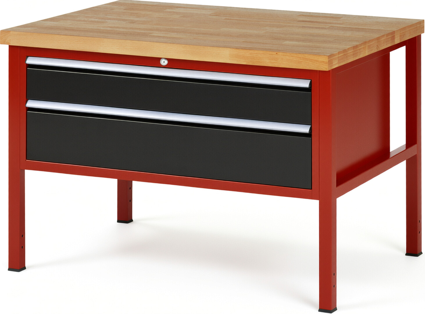 Werkbank Modell 8323 rot - schwarz, BxTxH 1250x900x840-1040 mm,  Buche-Massiv Arbeitsplatte 40 mm,  2 Schubladen mit  Vollauszug 100 % und  SoftClosing