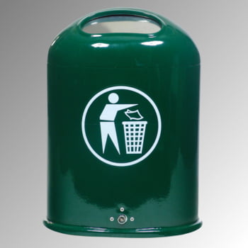 Ovaler Abfallbehälter mit Federklappe - mit Aufkleber - Pfosten-/Wandmontage - 45l - feuerverzinkt