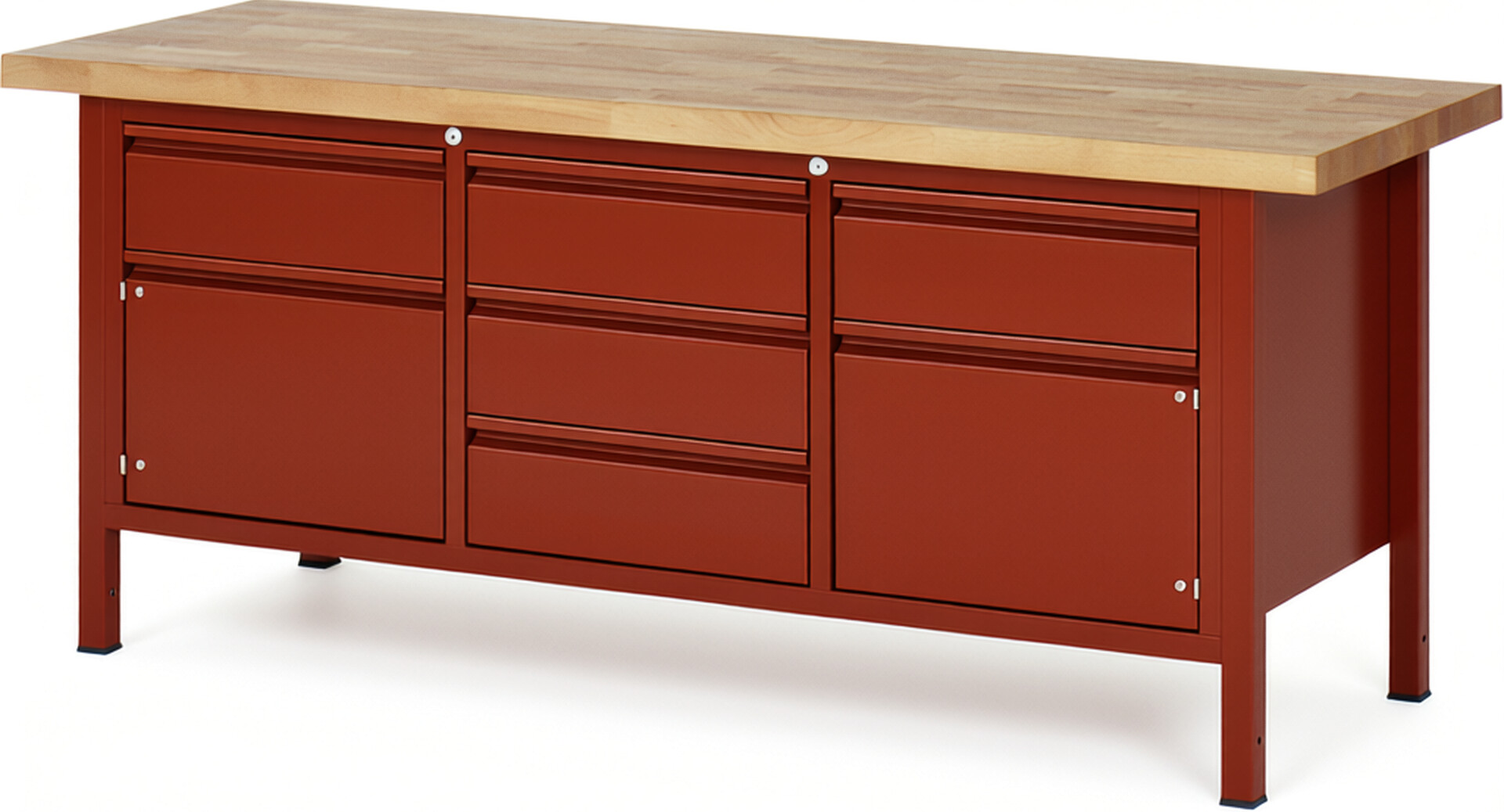 Werkbank rot, BxTxH 2000x700x840-1040 mm, Platte Buche 40 mm, 5 Schubladen 180 mm, 2 Türen 360 mm, RAL 3000/3000