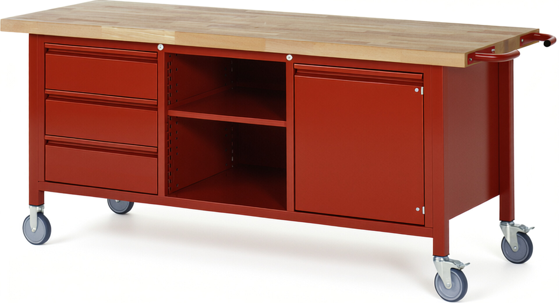 Fahrbare Werkbank - Modell 8563 BASIC rot, BxTxH 2000x700x880 mm,  Buche-Massiv Arbeitsplatte 40 mm,  3 Schubladen mit  Auszug 90 %