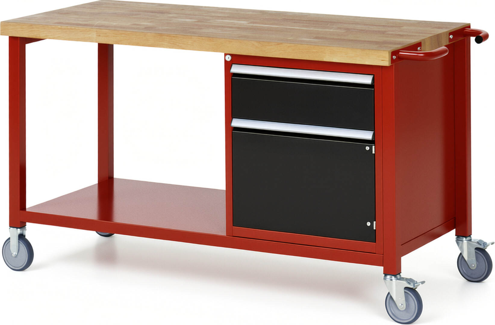 Fahrbare Werkbank Modell 8152 rot - schwarz, BxTxH 1500x700x880 mm,  Buche-Massiv Arbeitsplatte 40 mm,  1 Schublade mit  Auszug 90 %