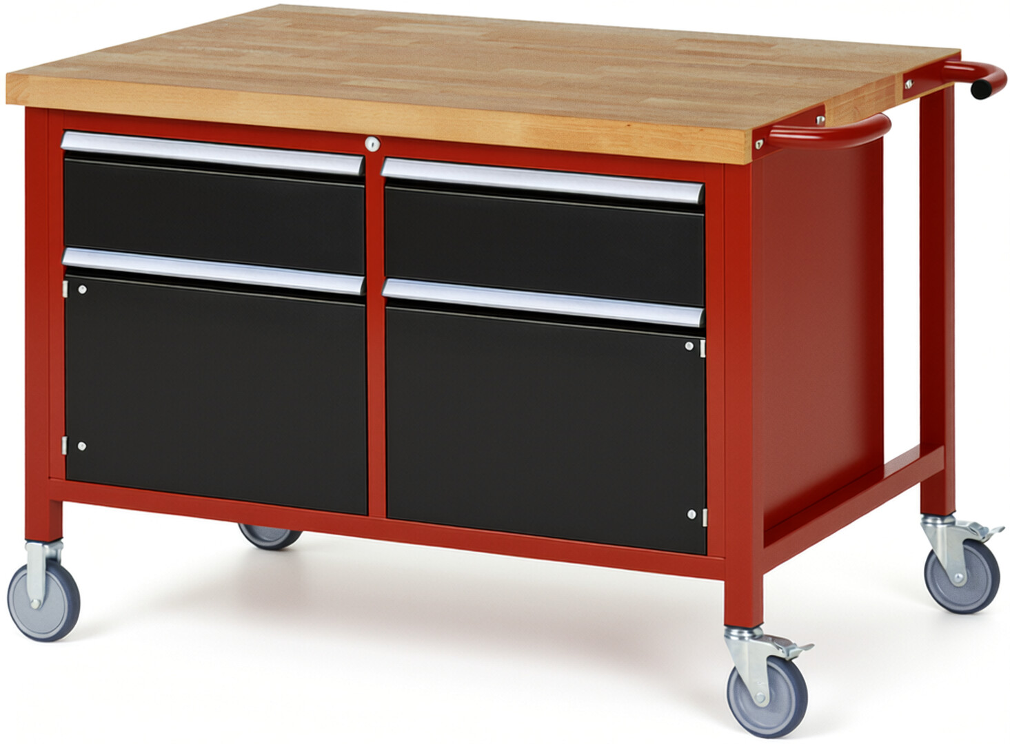 Fahrbare Werkbank Modell 8466 rot - schwarz, BxTxH 1250x900x880 mm,  Buche-Massiv Arbeitsplatte 40 mm,  2 Schubladen mit  Vollauszug 100 % und  SoftClosing
