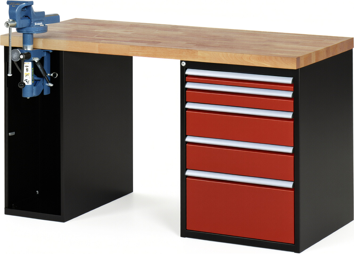 RAU Werkbank schwarz - rot - Breite 150 cm - Tiefe 70 cm - Höhe 84 cm - Buche-Massiv Arbeitsplatte 40 mm