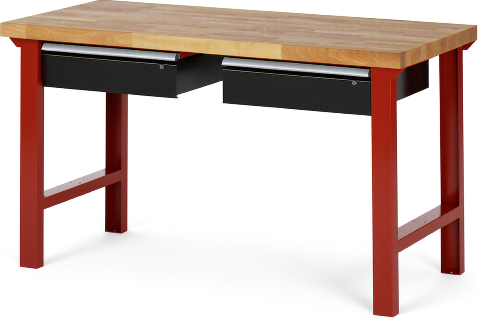 Werkbank Modell 7002 rot - schwarz, BxTxH 1500x700x840 mm,  Buche-Massiv Arbeitsplatte 40 mm,  2 Schubladen mit  Auszug 90 %
