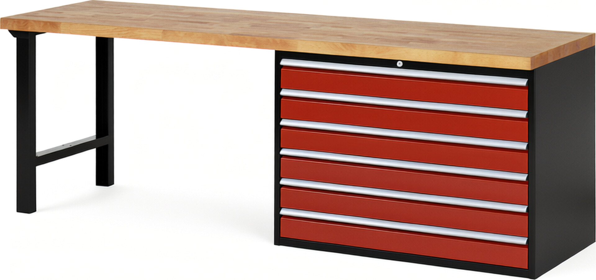 RAU Werkbank schwarz - rot - Breite 250 cm - Tiefe 70 cm - Höhe 84 cm - Buche-Massiv Arbeitsplatte 40 mm