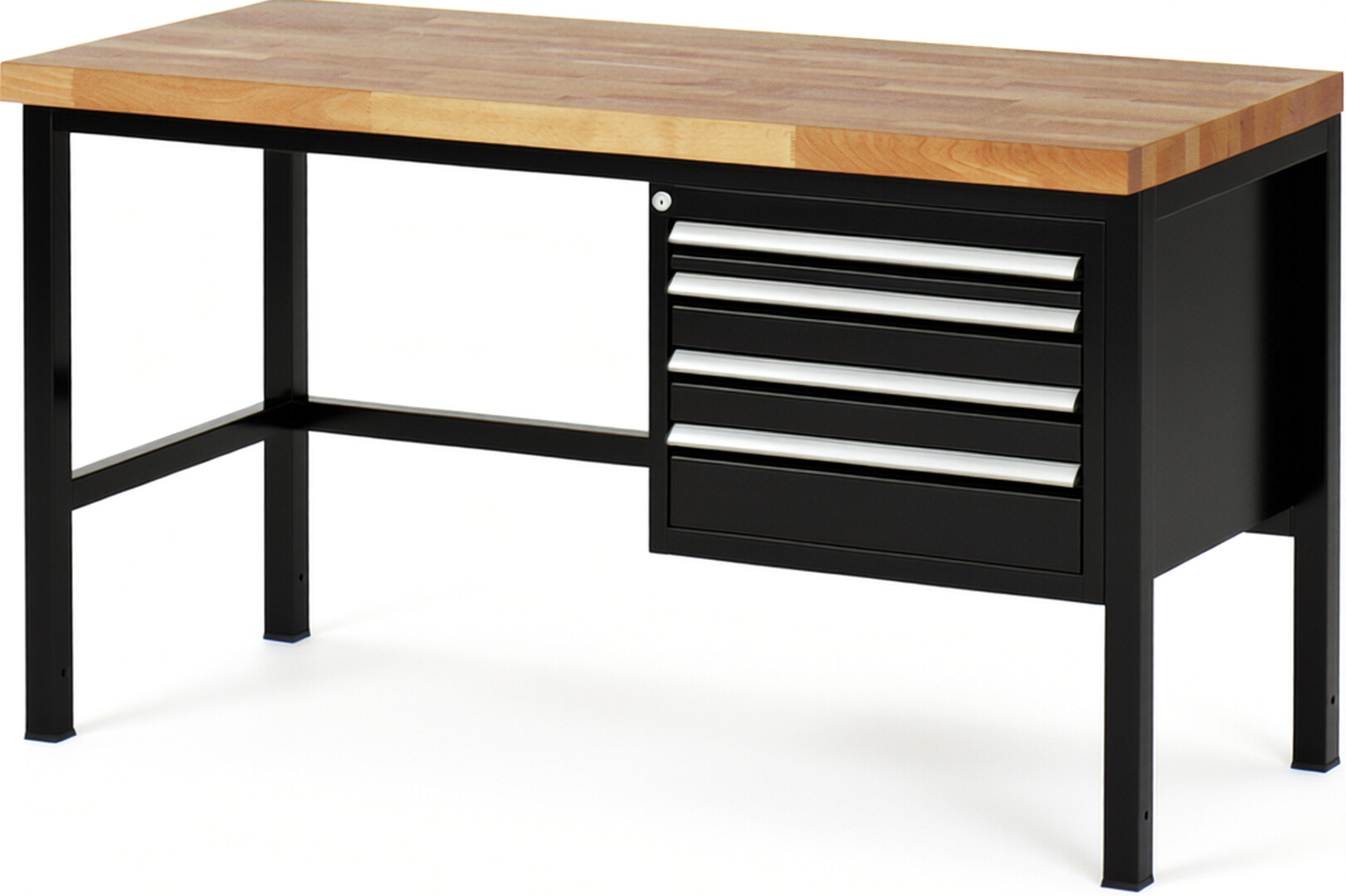 Werkbank Modell 8132 schwarz, BxTxH 1500x700x840-1040 mm,  Buche-Massiv Arbeitsplatte 40 mm,  4 Schubladen mit  Vollauszug 100 % und  SoftClosing