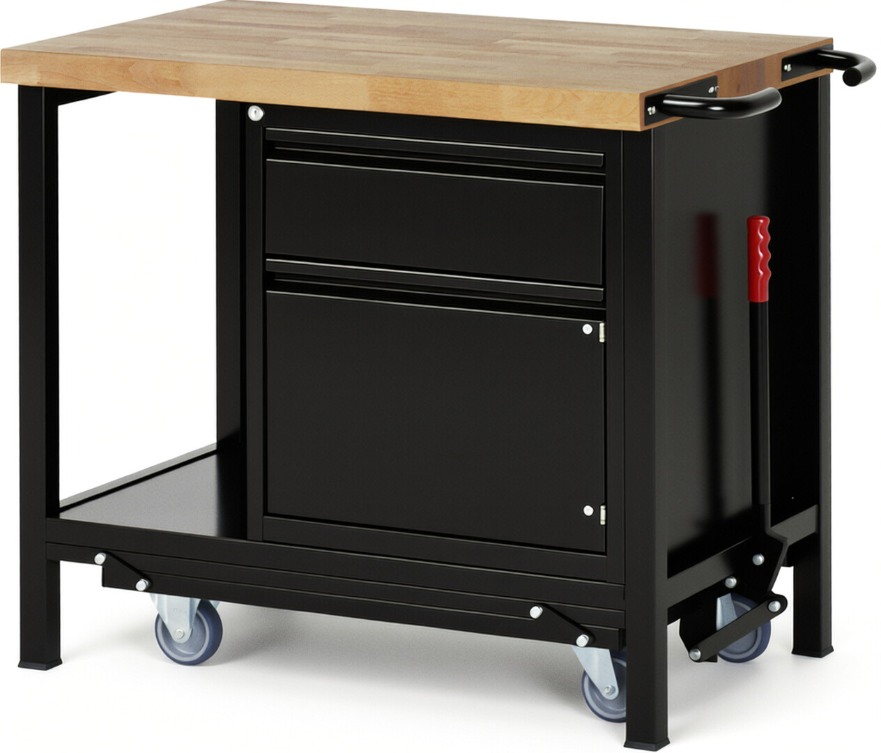 Absenkbare Werkbank - Modell 8152 BASIC schwarz, BxTxH 1000x700x880 mm,  Buche-Massiv Arbeitsplatte 40 mm,  1 Schublade mit  Auszug 90 %