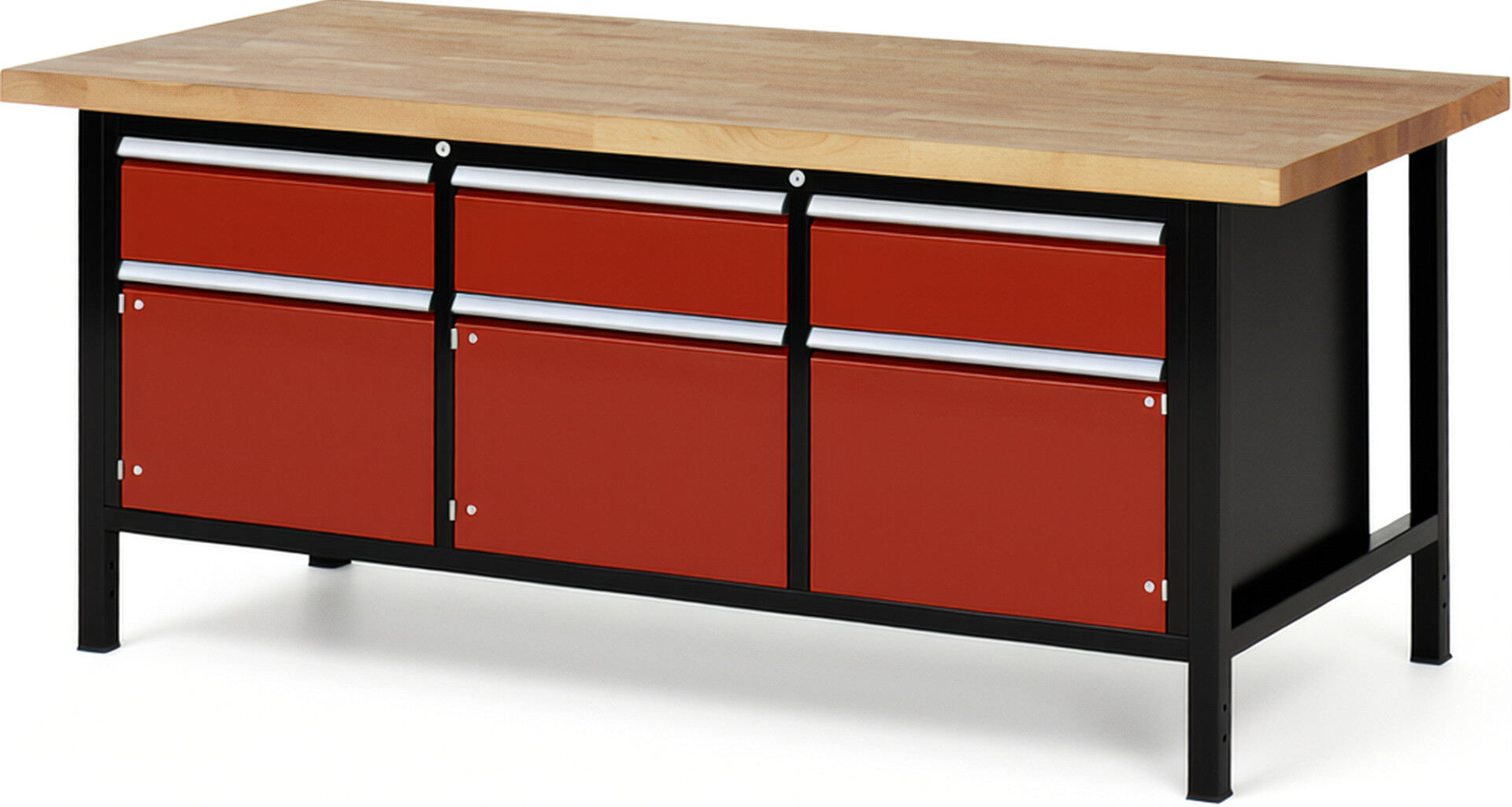 RAU Werkbank schwarz - rot - Breite 200 cm - Tiefe 90 cm - Höhe 104 cm - Buche-Massiv Arbeitsplatte 40 mm