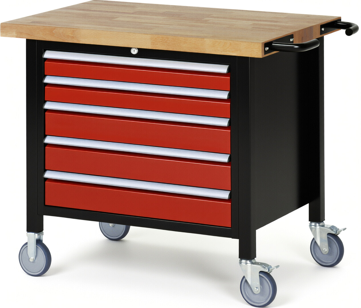 RAU Werkbank schwarz - rot - Breite 100 cm - Tiefe 70 cm - Höhe 108 cm - Buche-Massiv Arbeitsplatte 40 mm