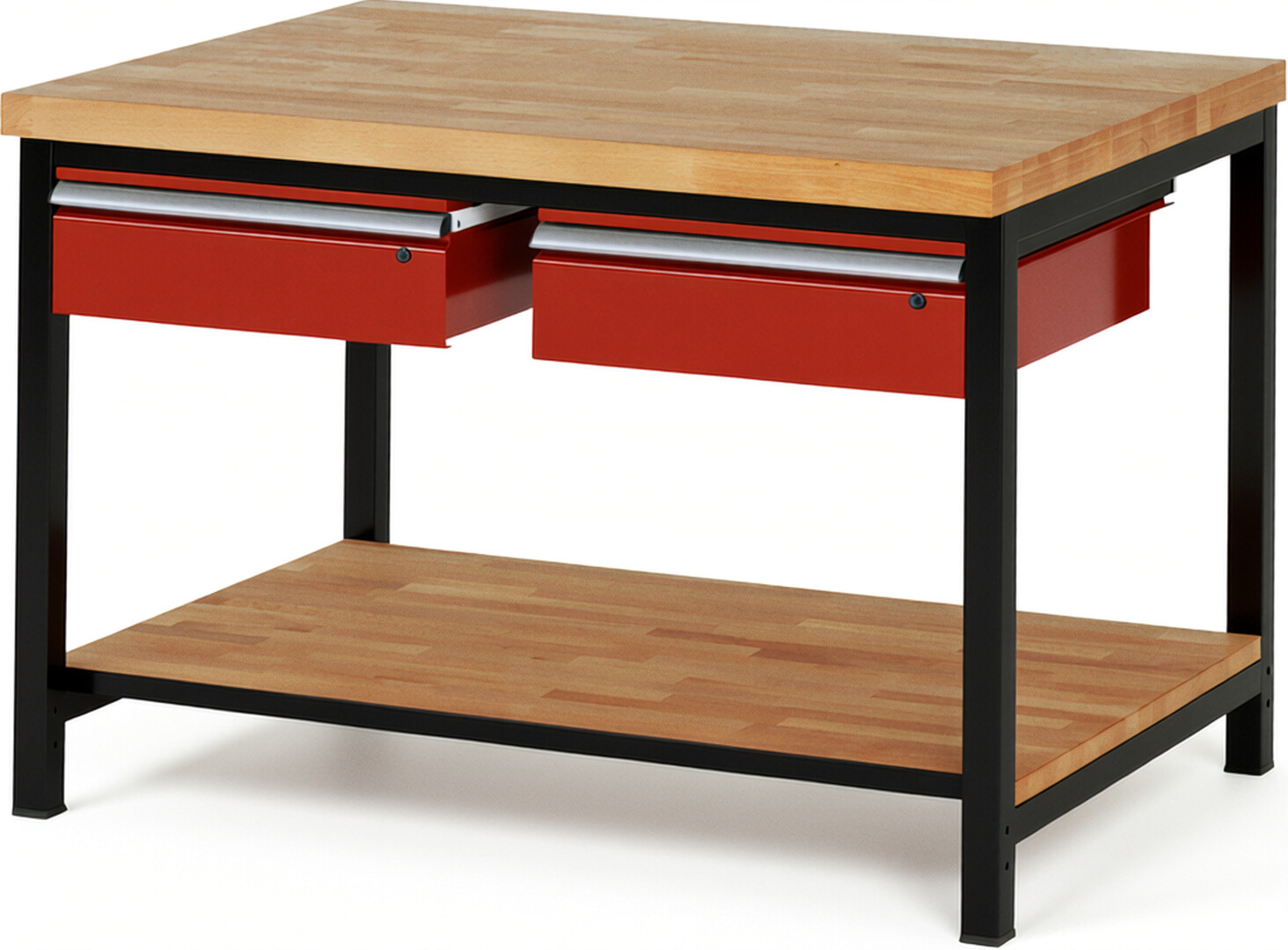 RAU Werkbank schwarz - rot - Breite 125 cm - Tiefe 90 cm - Höhe 104 cm - Buche-Massiv Arbeitsplatte 40 mm