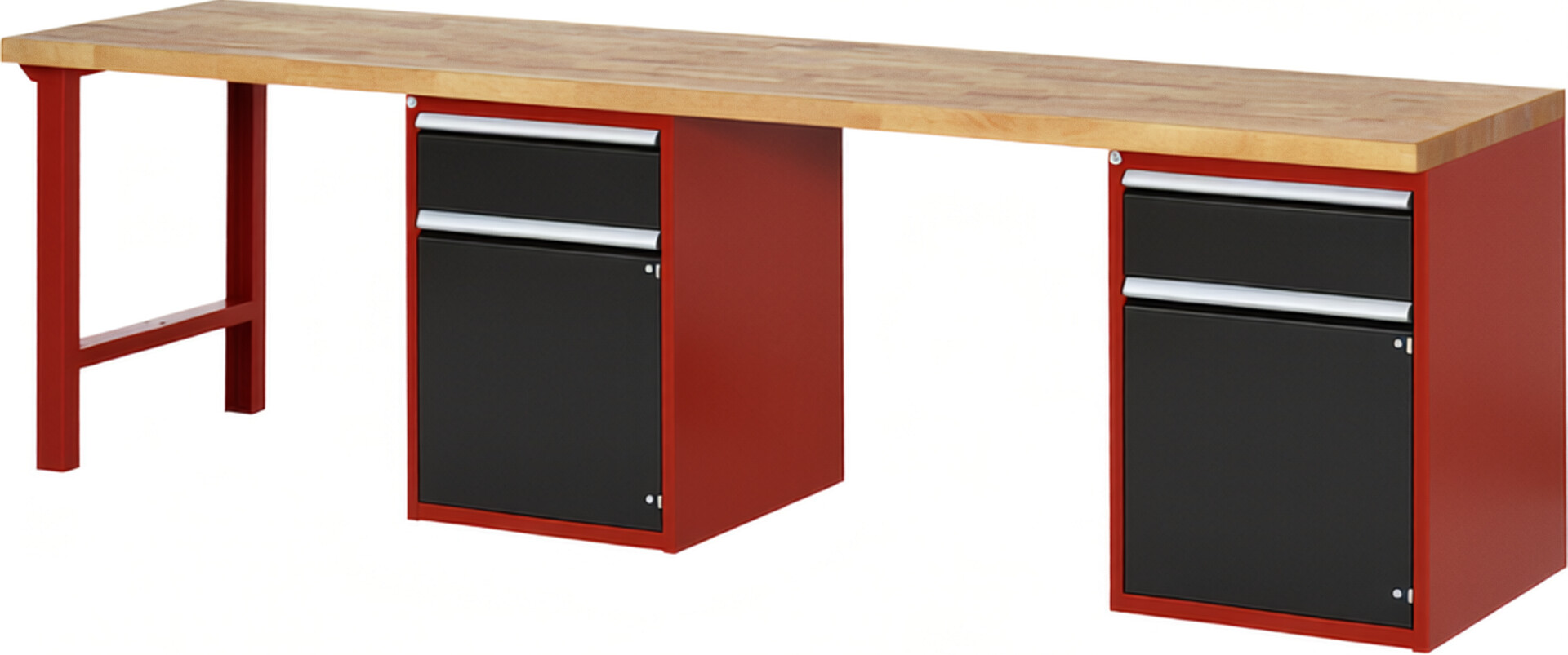 Werkbank Modell 7502 rot - schwarz, BxTxH 3000x700x840 mm,  Buche-Massiv Arbeitsplatte 40 mm,  2 Schubladen mit  Vollauszug 100 % und  SoftClosing