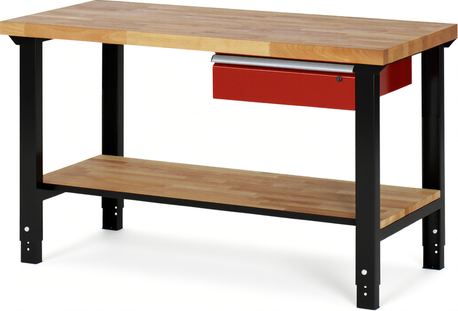 RAU Werkbank schwarz - rot - Breite 150 cm - Tiefe 70 cm - Höhe 114 cm - Buche-Massiv Arbeitsplatte 40 mm