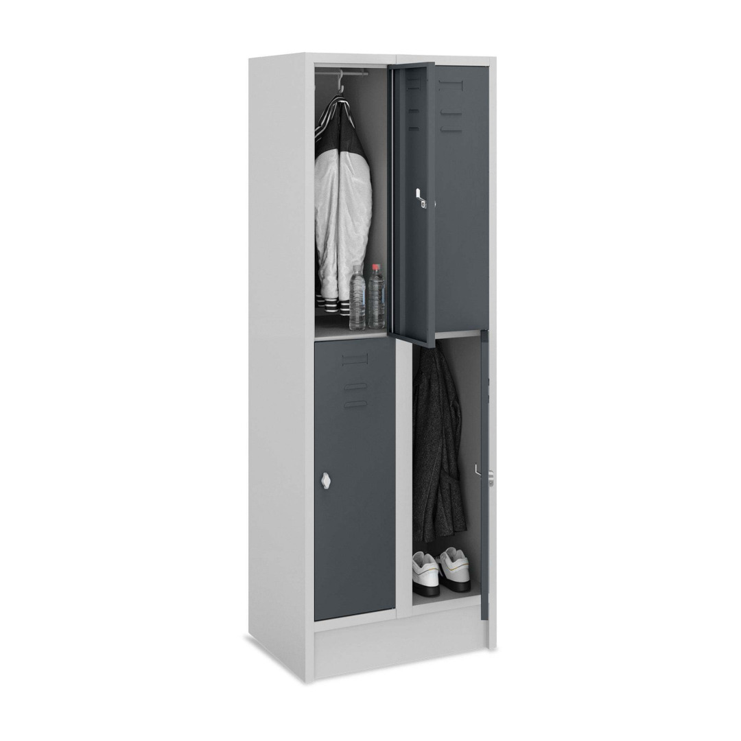 Doppelstock-Spind, 2 Abteile, 4 Fächer, Abteilbreite 30 cm, Höhe 180 cm, Breite 60 cm,  RAL 7035 Lichtgrau / RAL 7016 Anthrazitgrau, mit Sockel, Drehriegelschloss