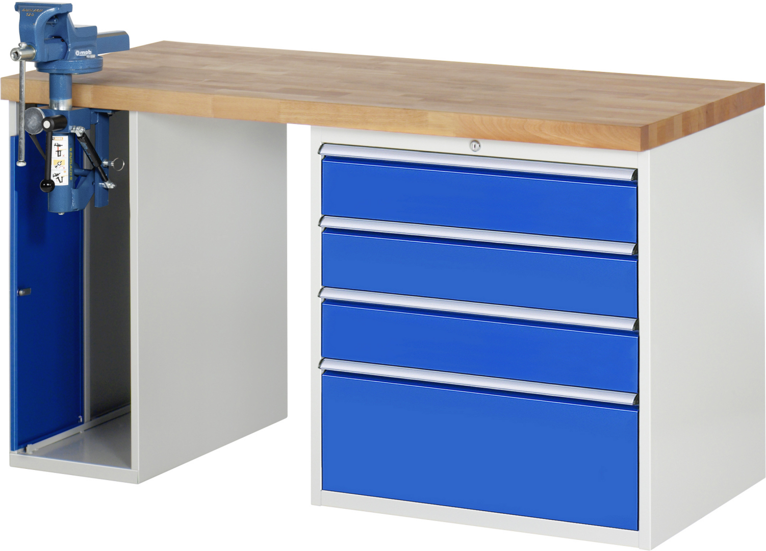 Werkbank Modell 7610 rot - schwarz, BxTxH 1500x700x890 mm,  Buche-Massiv Arbeitsplatte 40 mm,  4 Schubladen mit  Auszug 90 %